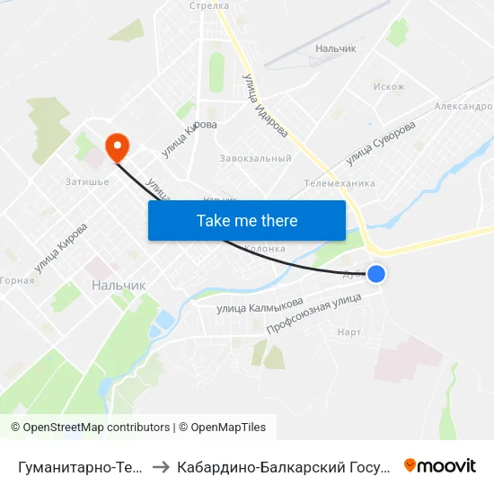 Гуманитарно-Технический Колледж to Кабардино-Балкарский Государственный Университет (КБГУ) map