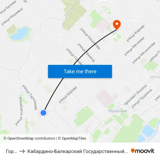 Горная to Кабардино-Балкарский Государственный Университет (КБГУ) map