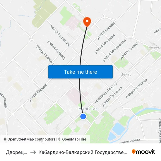 Дворец Спорта to Кабардино-Балкарский Государственный Университет (КБГУ) map
