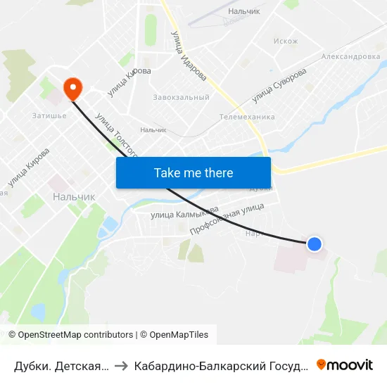 Дубки. Детская Поликлиника №2 to Кабардино-Балкарский Государственный Университет (КБГУ) map