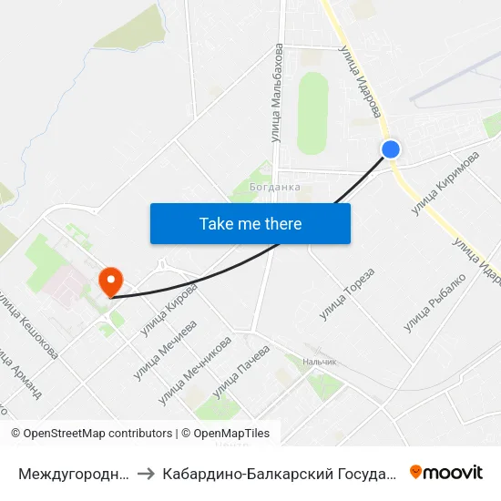 Междугородный Автовокзал to Кабардино-Балкарский Государственный Университет (КБГУ) map