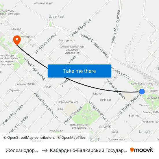 Железнодорожный Вокзал to Кабардино-Балкарский Государственный Университет (КБГУ) map
