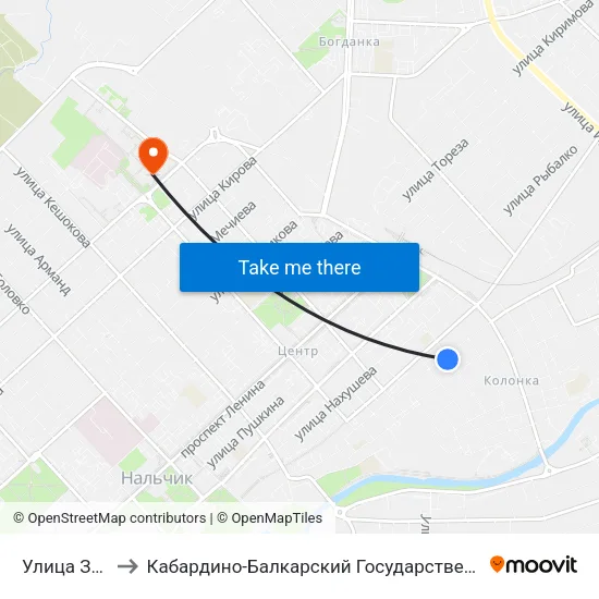 Улица Захарова to Кабардино-Балкарский Государственный Университет (КБГУ) map