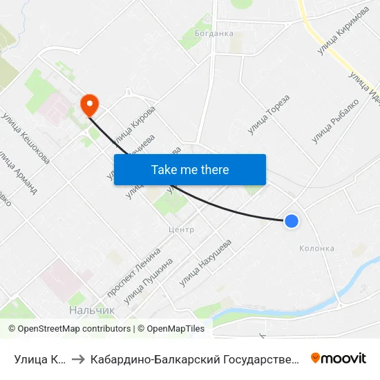 Улица Козлова to Кабардино-Балкарский Государственный Университет (КБГУ) map