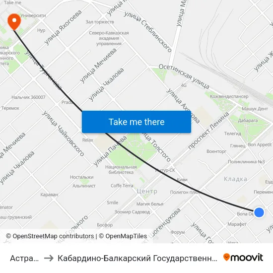 Астраханка to Кабардино-Балкарский Государственный Университет (КБГУ) map