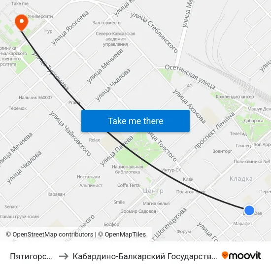 Пятигорская Улица to Кабардино-Балкарский Государственный Университет (КБГУ) map