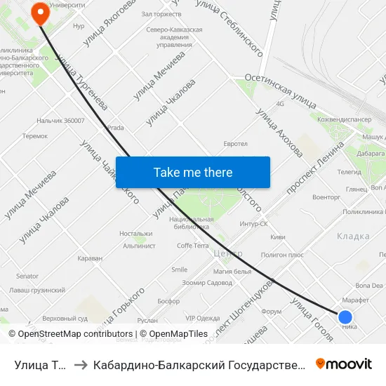Улица Толстого to Кабардино-Балкарский Государственный Университет (КБГУ) map