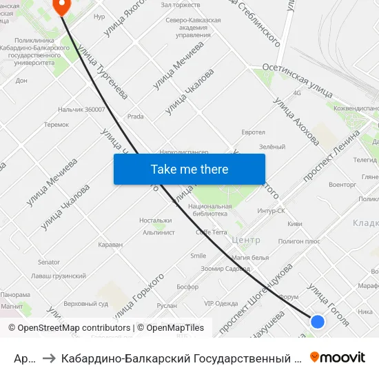 Арбат to Кабардино-Балкарский Государственный Университет (КБГУ) map