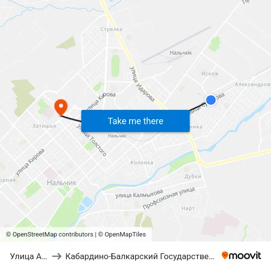 Улица Ашурова to Кабардино-Балкарский Государственный Университет (КБГУ) map