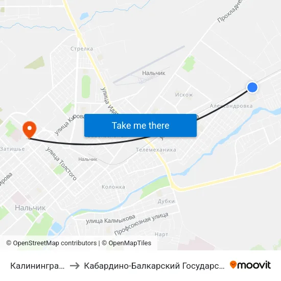 Калининградская Улица to Кабардино-Балкарский Государственный Университет (КБГУ) map