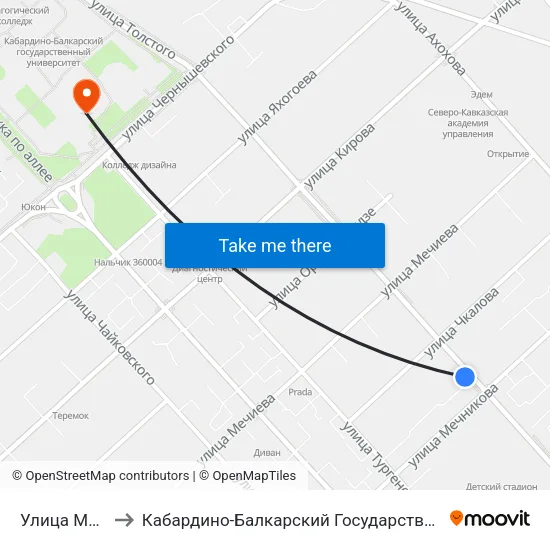 Улица Мечникова to Кабардино-Балкарский Государственный Университет (КБГУ) map