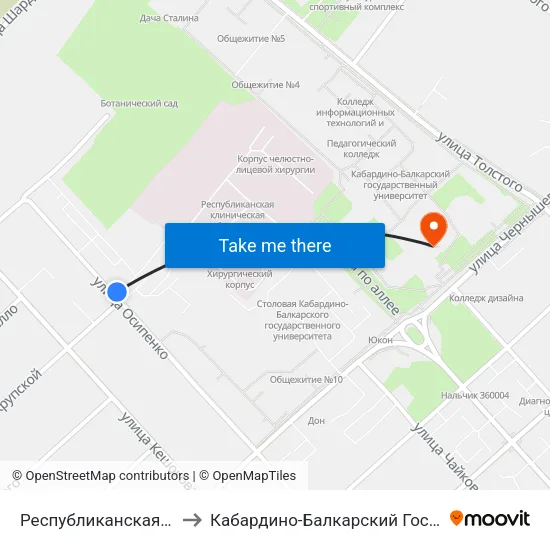 Республиканская Клиническая Больница to Кабардино-Балкарский Государственный Университет (КБГУ) map