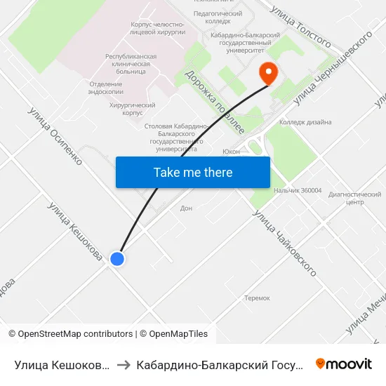 Улица Кешокова / Чернышевского to Кабардино-Балкарский Государственный Университет (КБГУ) map