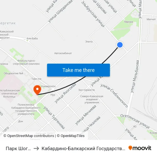 Парк Шогенцукова to Кабардино-Балкарский Государственный Университет (КБГУ) map