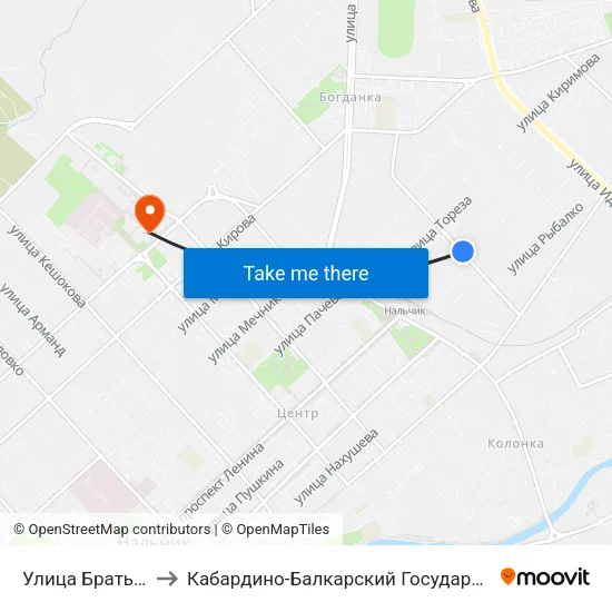 Улица Братьев Кушховых to Кабардино-Балкарский Государственный Университет (КБГУ) map