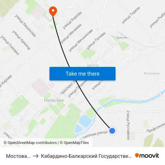 Мостовая Улица to Кабардино-Балкарский Государственный Университет (КБГУ) map