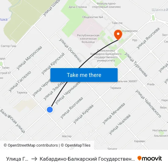 Улица Головко to Кабардино-Балкарский Государственный Университет (КБГУ) map