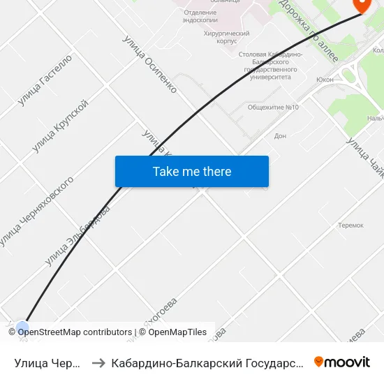 Улица Чернышевского to Кабардино-Балкарский Государственный Университет (КБГУ) map