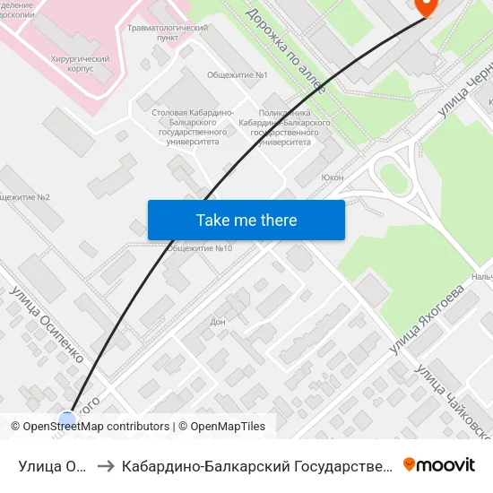 Улица Осипенко to Кабардино-Балкарский Государственный Университет (КБГУ) map