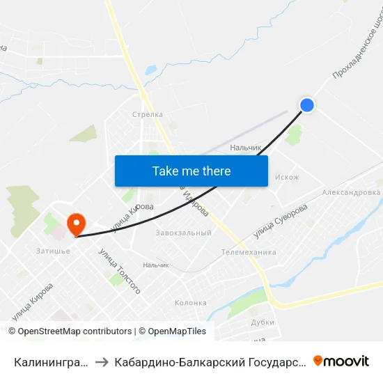 Калининградская Улица to Кабардино-Балкарский Государственный Университет (КБГУ) map