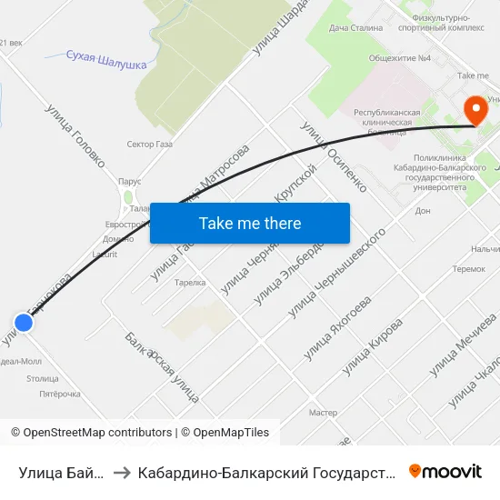 Улица Байсултанова to Кабардино-Балкарский Государственный Университет (КБГУ) map