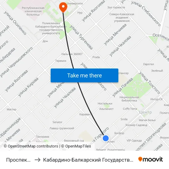 Проспект Ленина to Кабардино-Балкарский Государственный Университет (КБГУ) map