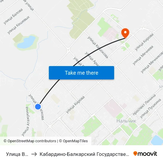 Улица Ватутина to Кабардино-Балкарский Государственный Университет (КБГУ) map