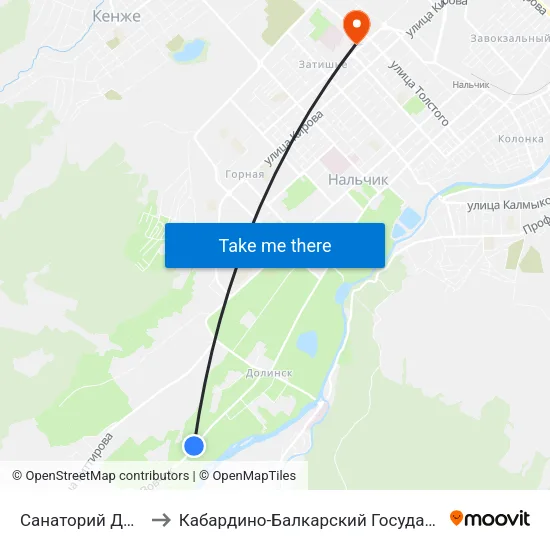 Санаторий Долина Нарзанов to Кабардино-Балкарский Государственный Университет (КБГУ) map
