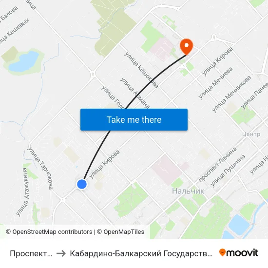 Проспект Кулиева to Кабардино-Балкарский Государственный Университет (КБГУ) map