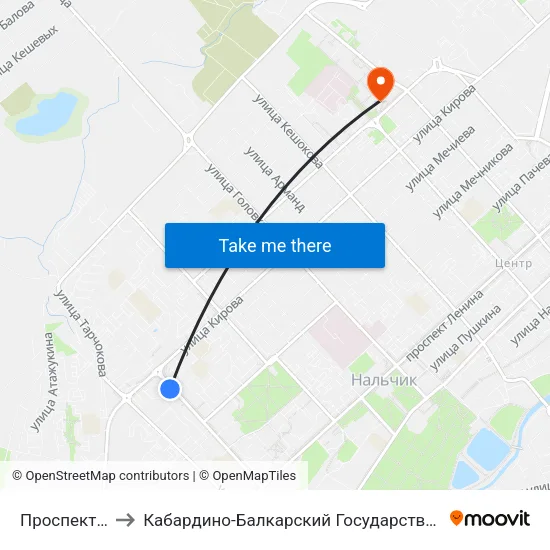 Проспект Кулиева to Кабардино-Балкарский Государственный Университет (КБГУ) map