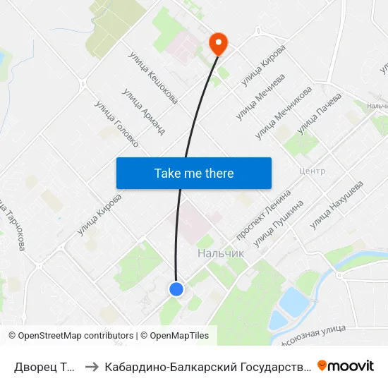 Дворец Творчества to Кабардино-Балкарский Государственный Университет (КБГУ) map