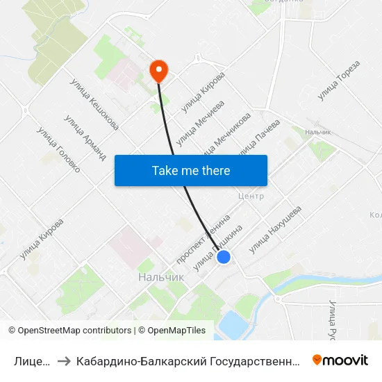 Лицей №2 to Кабардино-Балкарский Государственный Университет (КБГУ) map