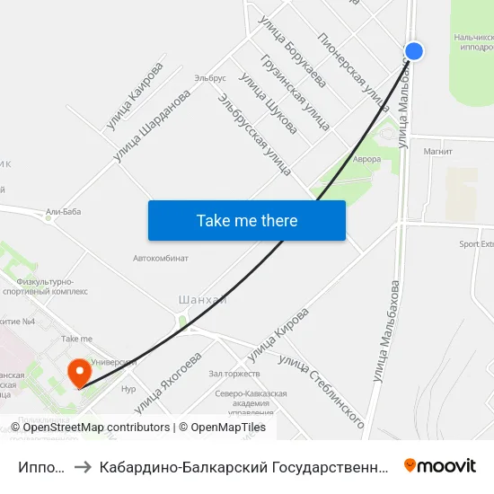 Ипподром to Кабардино-Балкарский Государственный Университет (КБГУ) map