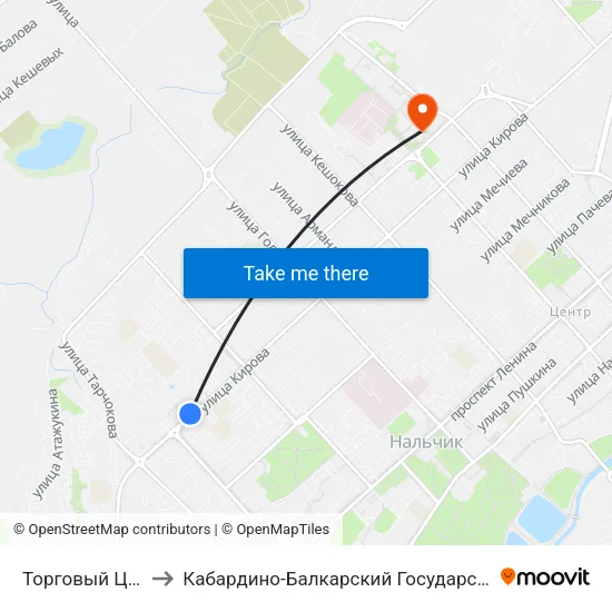 Торговый Центр Горный to Кабардино-Балкарский Государственный Университет (КБГУ) map