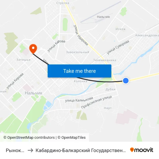 Рынок Дубки to Кабардино-Балкарский Государственный Университет (КБГУ) map