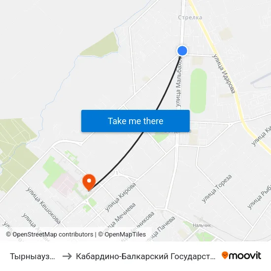 Тырныаузская Улица to Кабардино-Балкарский Государственный Университет (КБГУ) map