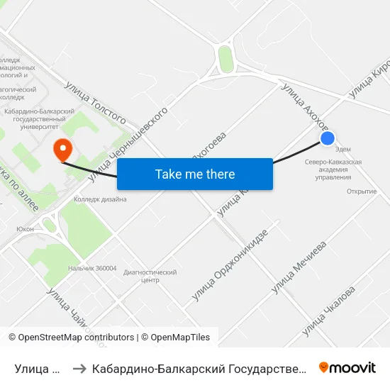 Улица Ахохова to Кабардино-Балкарский Государственный Университет (КБГУ) map