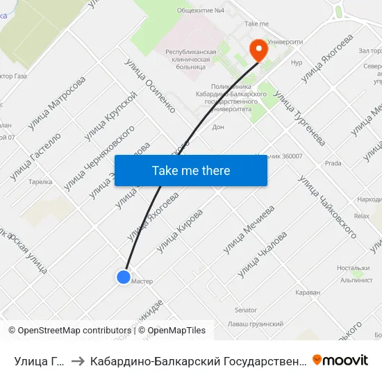 Улица Головко to Кабардино-Балкарский Государственный Университет (КБГУ) map