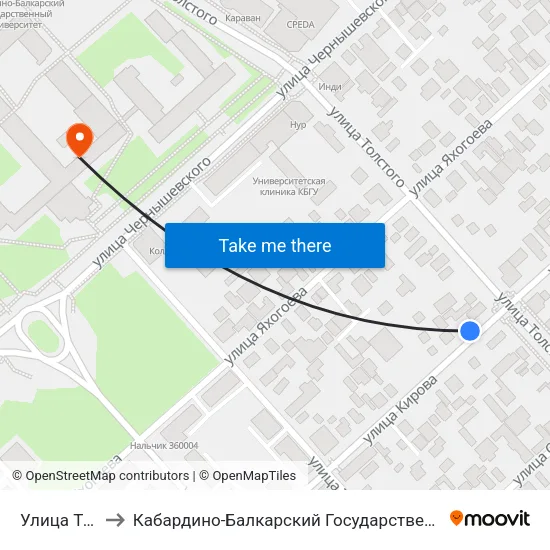 Улица Толстого to Кабардино-Балкарский Государственный Университет (КБГУ) map