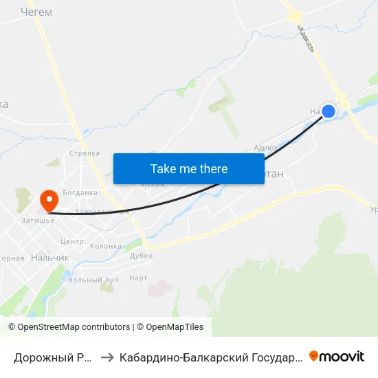 Дорожный Разъезд Нартан to Кабардино-Балкарский Государственный Университет (КБГУ) map