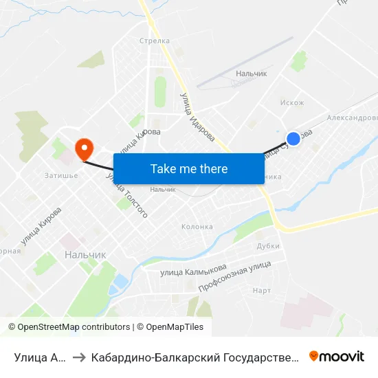 Улица Ашурова to Кабардино-Балкарский Государственный Университет (КБГУ) map