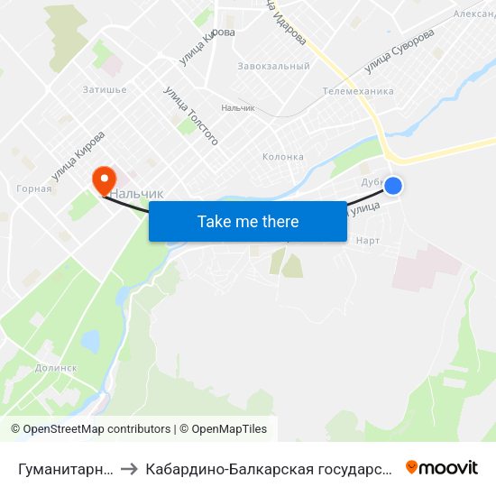 Гуманитарно-Технический Колледж to Кабардино-Балкарская государственная сельскохозяйственная академия имени В.М. Кокова. map