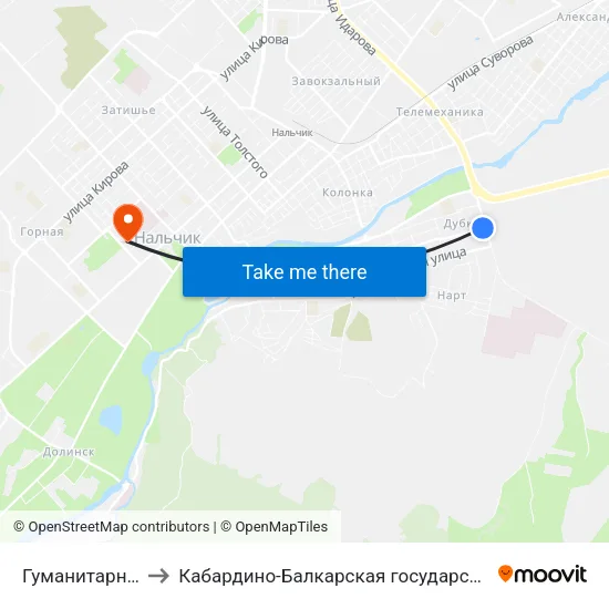 Гуманитарно-Технический Колледж to Кабардино-Балкарская государственная сельскохозяйственная академия имени В.М. Кокова. map