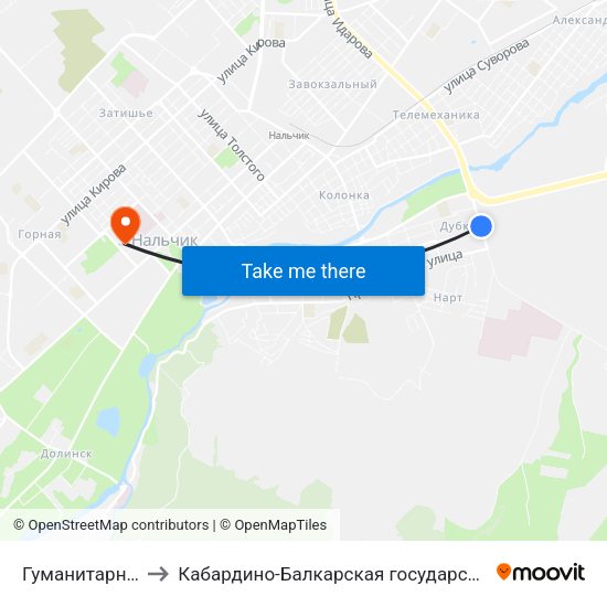 Гуманитарно-Технический Колледж to Кабардино-Балкарская государственная сельскохозяйственная академия имени В.М. Кокова. map