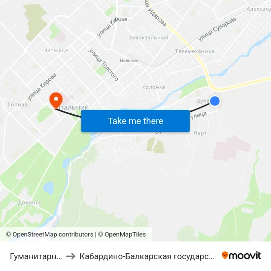 Гуманитарно-Технический Колледж to Кабардино-Балкарская государственная сельскохозяйственная академия имени В.М. Кокова. map