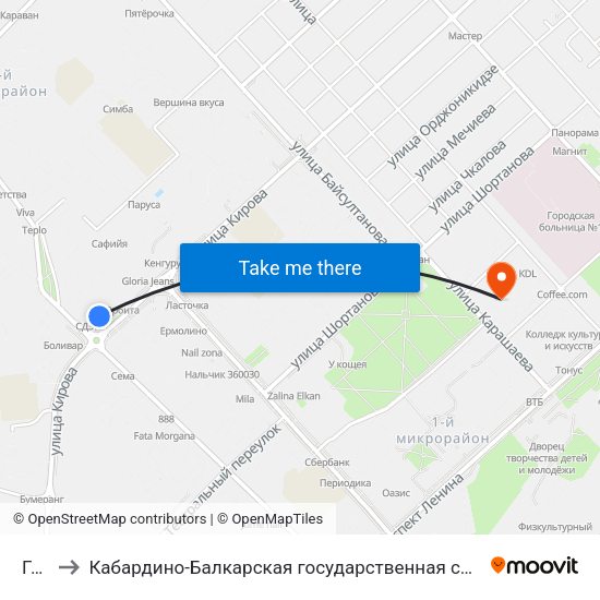 Горная to Кабардино-Балкарская государственная сельскохозяйственная академия имени В.М. Кокова. map