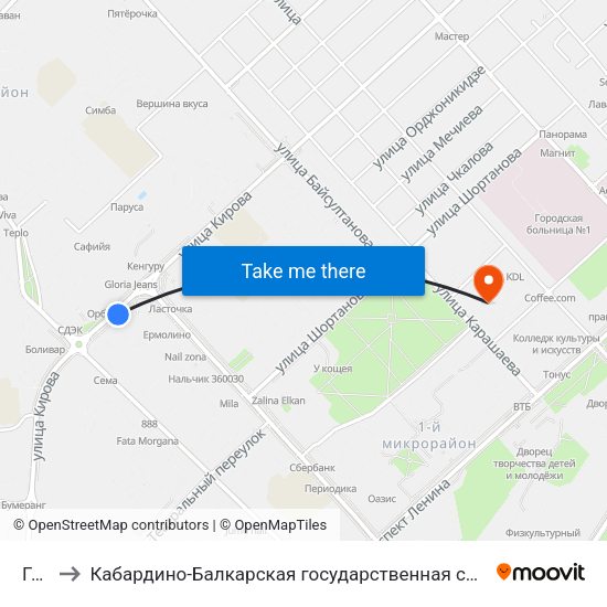Горная to Кабардино-Балкарская государственная сельскохозяйственная академия имени В.М. Кокова. map