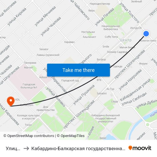 Улица Пушкина to Кабардино-Балкарская государственная сельскохозяйственная академия имени В.М. Кокова. map