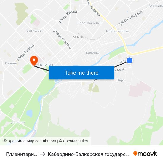 Гуманитарно-Технический Колледж to Кабардино-Балкарская государственная сельскохозяйственная академия имени В.М. Кокова. map