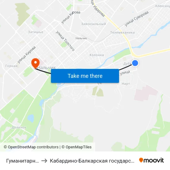 Гуманитарно-Технический Колледж to Кабардино-Балкарская государственная сельскохозяйственная академия имени В.М. Кокова. map